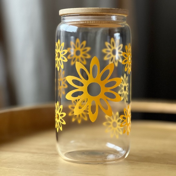 Libbey Iced Coffee Cup Yellow Vinyl Flowers - Picture 3 of 5